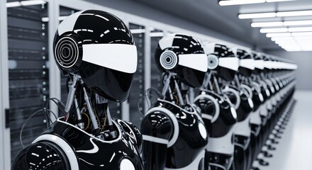 Sleek robots stand in a modern data center, representing AI.
