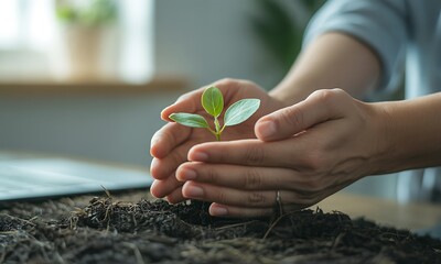 Hands gently nurturing young green seedling in rich soil, ideal for concepts of growth, sustainability, environmental care, and eco-friendly agricultural projects