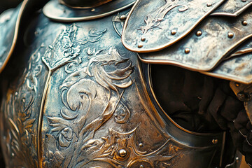 Intricate knight's armor pauldron showcasing detailed craftsmanship against a blurred medieval battlefield backdrop