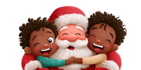 Joyful African American boys hugging Santa Claus, illustration of Christmas spirit and holiday cheer Concept of diverse representation, childhood innocence, and festive celebration
