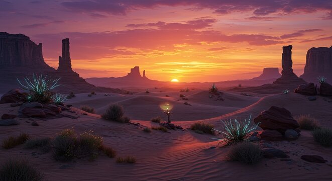 Stunning desert sunset casting golden light over mesas and vibrant desert landscape, perfect for travel blogs or dramatic nature scenes with glowing futuristic plants