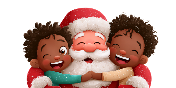Joyful African American boys hugging Santa Claus, illustration of Christmas spirit and holiday cheer Concept of diverse representation, childhood innocence, and festive celebration