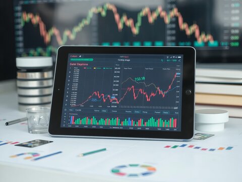 A financial analyst reviews stock market data on a tablet with graphs and charts displayed, analyzing investment trends and market fluctuations for opportunities.