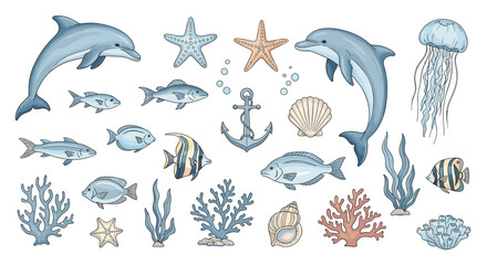 A delightful collection of marine life and ocean elements for aquatic themed designs.
