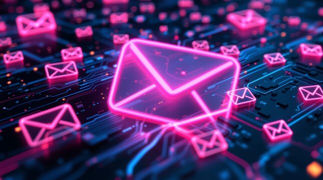 Email marketing concept with glowing neon envelopes on circuit board for digital communication tech