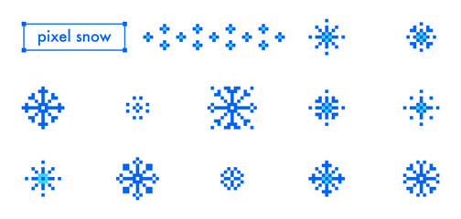 Pixel snowflakes set on white background. Blue geometric shapes, minimal patterns, crystals, ice, snow. Retro game 8 bit winter elements for nostalgic digital design and Christmas holiday decorations