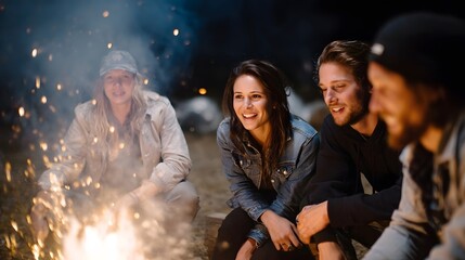 Friends gathered around a warm bonfire at night