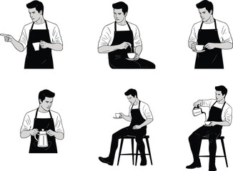 Coffee preparation illustrations with apron, pouring, stirring, serving, pointing, seated and standing barista gesture and posture set