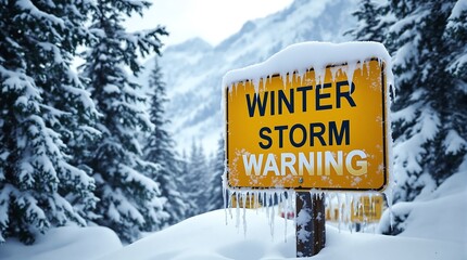 Winter storm warning sign covered in snow with trees and mountains in the background landscape view