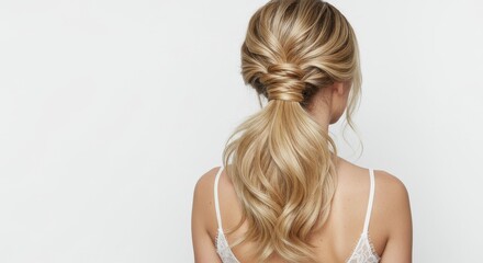 Fototapeta premium Elegant blond hairstyle with a twist, showcasing soft waves and healthy hair texture