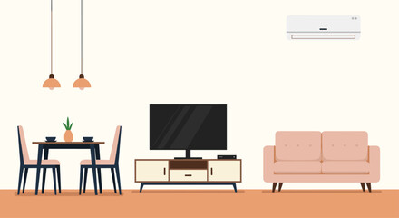 A modern living room and dining area with a television and air conditioner.