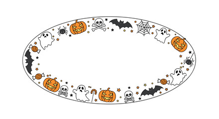 A festive oval Halloween border featuring pumpkins ghosts bats and spiders.