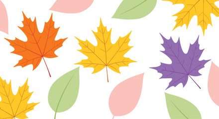 A colorful collection of autumn leaves scattered across a white background.