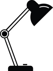 A simple black silhouette of a classic adjustable desk lamp with a flexible arm and a shaded light source isolated on transparent background