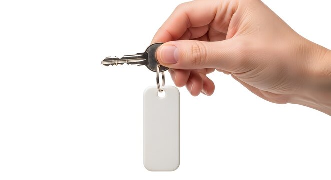 A hand holding a set of keys with a blank white rectangular keychain on a white background