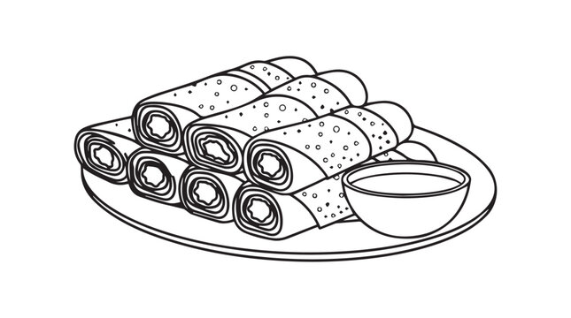 Hand drawn delicious spring rolls with dipping sauce ready to eat appetizer food vector