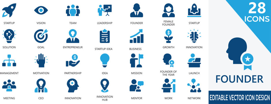 A modern solid icon set representing founders, entrepreneurs, leadership, and startup concepts. Perfect for apps, websites, presentations, and stock platforms needing  and clear business.