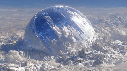 Futuristic cloud city under a protective dome evoking a sense of wonder and progress