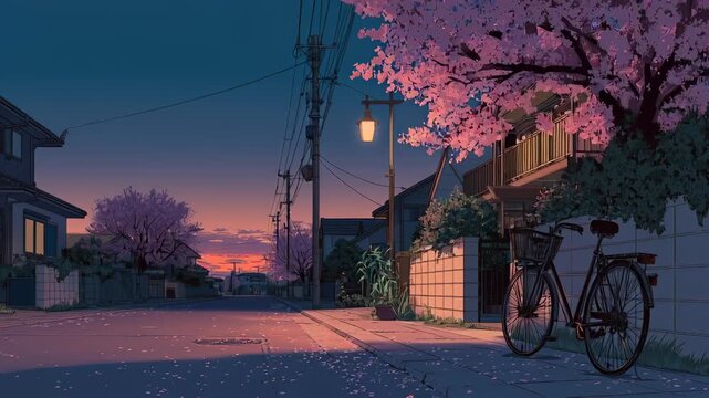 Tranquil moment on a quiet suburban street at dusk. An empty bicycle leans against a lamppost as cherry blossom petals drift gently in the evening breeze, lo-fi animation