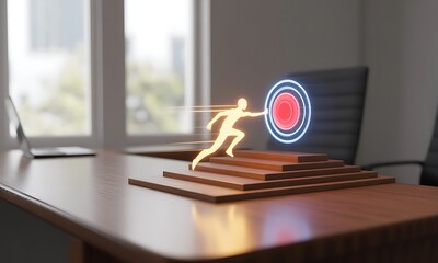 Glowing running figure reaching digital target on steps in office setting, ideal for illustrating goal achievement, business success and career motivation concepts