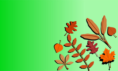 Autumn composition with colorful leaves on bright green gradient background