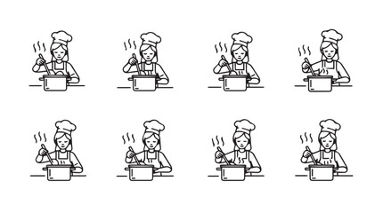 Collection of chef cooking in pots with steam motion lines expressing flavor culinary artistry vector