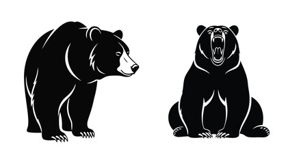 Wild grizzly bear silhouettes in standing and roaring poses on a white background