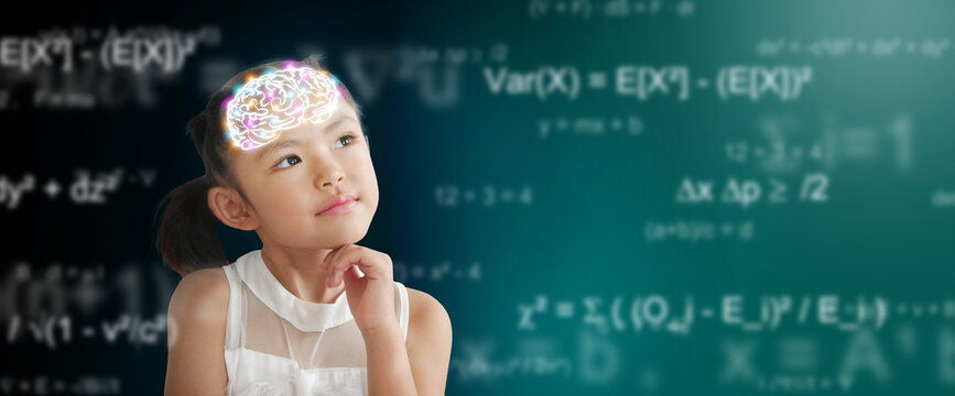 Smart thinking child with glowing brain and math formulas in background, representing intelligence, learning, imagination, and creativity in modern education concept.