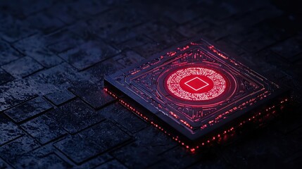 Futuristic Circuit Board with Red Lights on Dark Surface