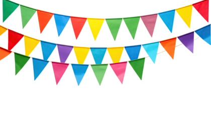 Rows of colorful triangular flags strung together against a black background, festive and celebratory