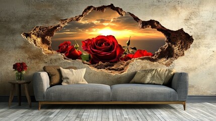 Sunset scene with red roses bursting through a hole in a wall, creating a dramatic 3D effect