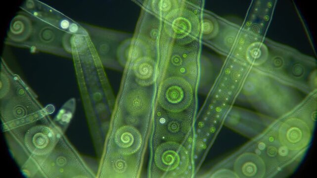 Spirogyra algae vibrant helical structures under magnification