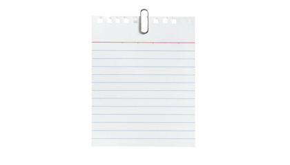 A blank, lined notepad sheet secured by a metal clip, floating against a black background