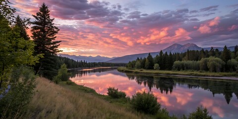 Obraz premium Vibrant sunset paints the sky with fiery hues reflecting in a serene river surrounded by lush forests and majestic mountains