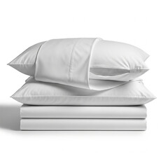 Stack of White Bed Sheets and Pillowcases on White Background Ke