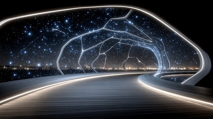 Futuristic tunnel with stars, city lights, and illuminated wooden floor design