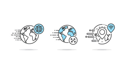 Set of three global network connectivity icons including globe with network lines, globe with zoom icons, and globe with location pin and wifi signal