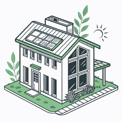 Modern eco friendly house with solar panels and greenery