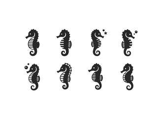 Set of eight stylized seahorse icons.