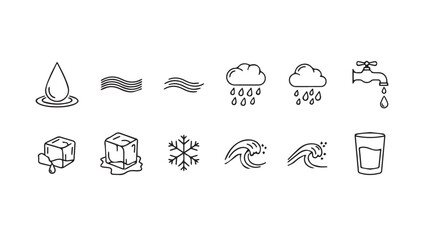 Set of hand drawn icons representing water states and weather phenomena vector