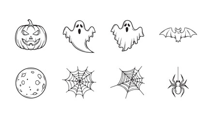 Collection of hand drawn halloween icons spooky pumpkin ghosts bat spider web and moon for holiday design vector