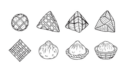Hand drawn food collection diverse shapes dumplings pastries geometric sketch style vector