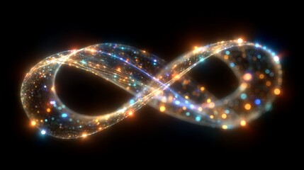 Glowing infinity symbol with particle lights on black background represents eternity, balance, and