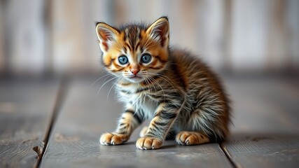 An adorable tabby kitten with striking blue eyes sits attentively on a weathered wooden floor, its tiny paws poised and ready for play in the soft light of the room.