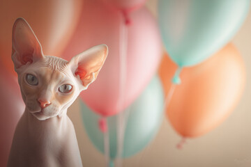 Fototapeta premium Sphynx cat with calm expression poses against colorful floating balloons in cheerful setting