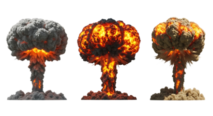Three Nuclear Explosions, with Mushroom Clouds blast detonation, cutout, PNG isolated on white or transparent background