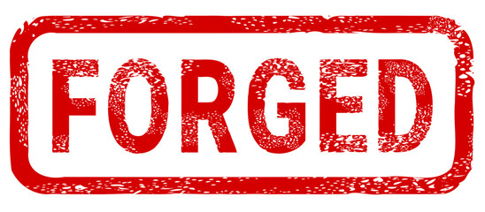 Dirty red stamp mark "FORGED" surrounded by a rounded frame (cut out)