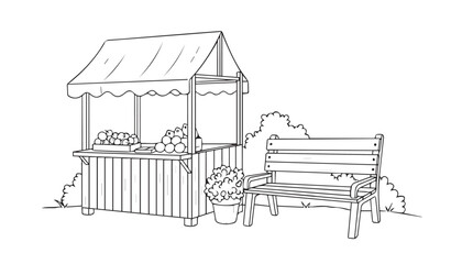 Hand drawn sketch of a charming market stall and park bench amidst nature vector