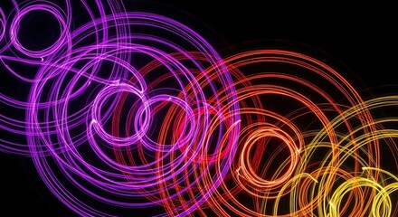 Vibrant abstract light trails creating dynamic circular patterns on black backdrop