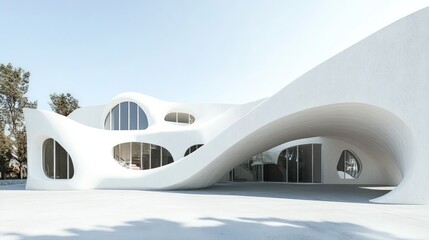 Modern organic architecture with flowing white curves and irregular windows